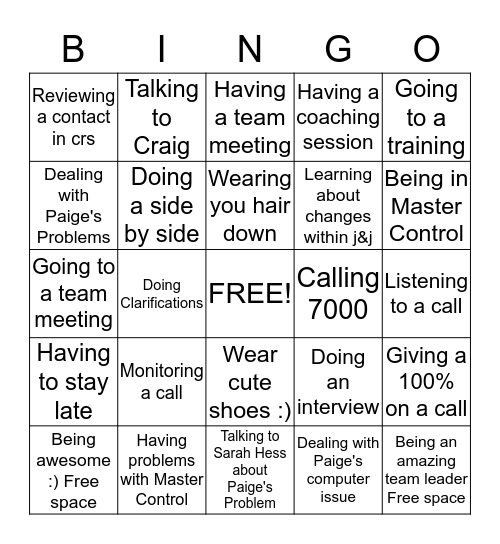 Team leader Style Bingo Card