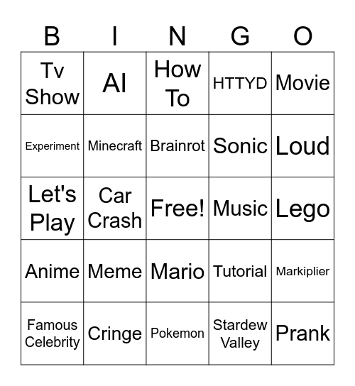 Youtube Bingo Card