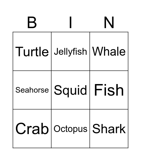 Sea Animals Bingo Card