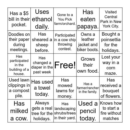 Ag in the Classroom BINGO Card