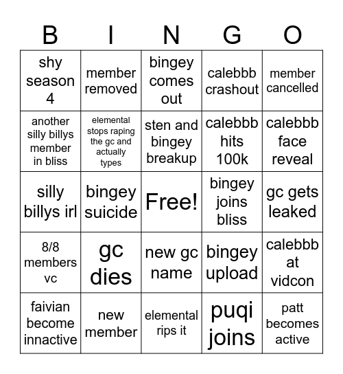 Silly Billys 2026 Bingo Card