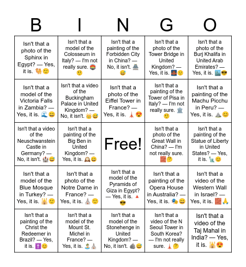 B11 L5 Isn't that a photo of the Acropolis in Greece? — Yes, it is. 🏛️😊 Bingo Card