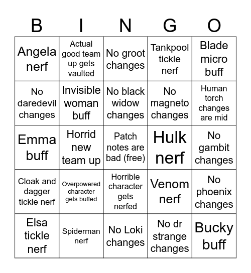 Season 7.5 patch notes Bingo Card