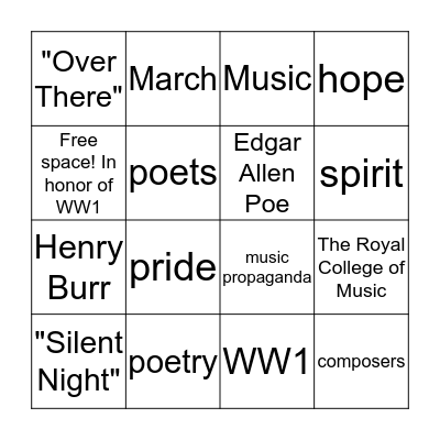 WW1 Music and Poetry Fun! Bingo Card