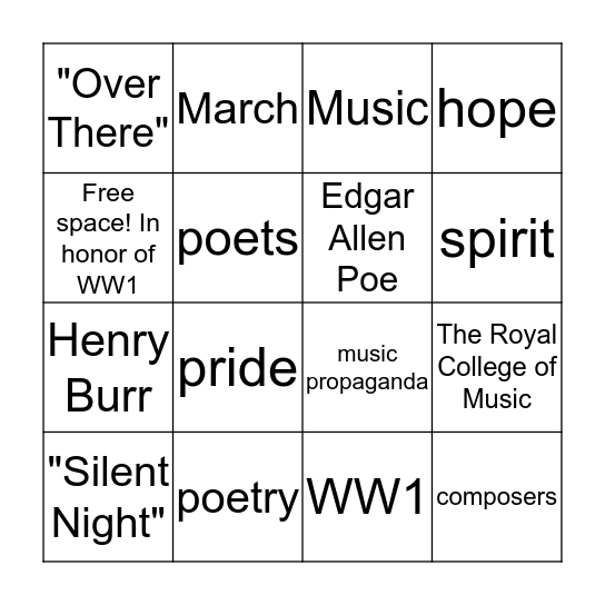 WW1 Music and Poetry Fun! Bingo Card