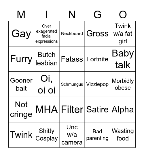 Mingo Cringe Bingo Card