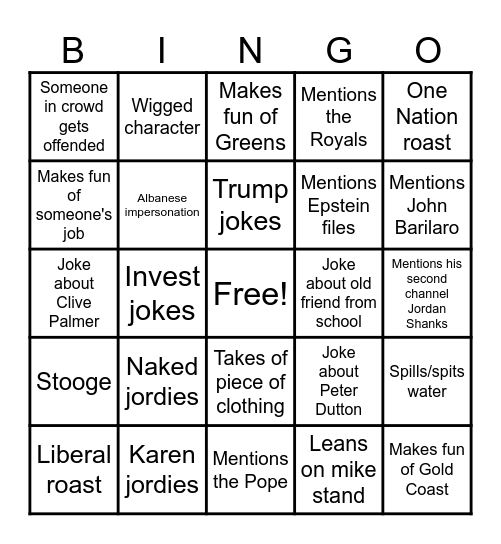 Friendly Jordies Live Bingo Card