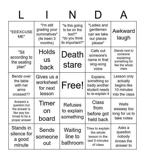 ms linda bingo Card