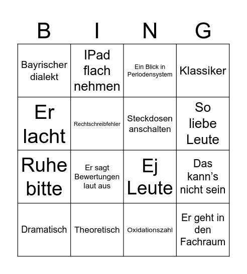 Chemie Bingo Card