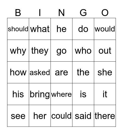 Sight Word Bingo Card