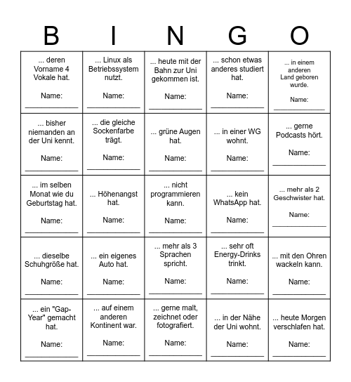 Finde eine Person, die ... Bingo Card