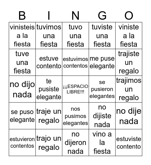 ¡Las fiestas en el pasado! Bingo Card