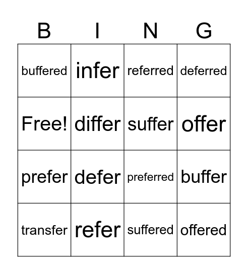 words ending in fer Bingo Card