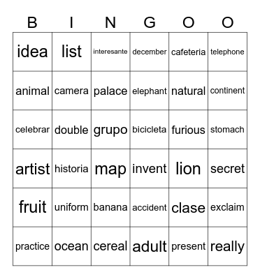 Cognates Bingo Card
