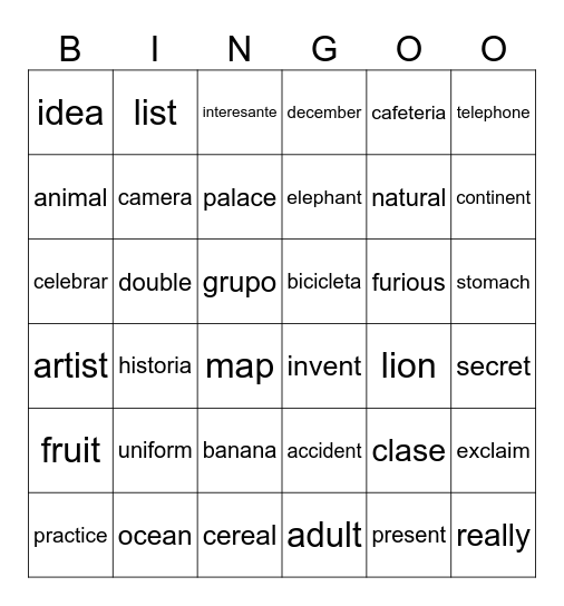 Cognates Bingo Card