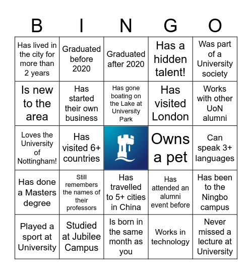 University of Nottingham Alumni Event Bingo Card