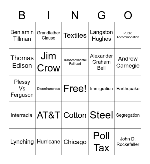 Unit 10 Changing America Bingo Card
