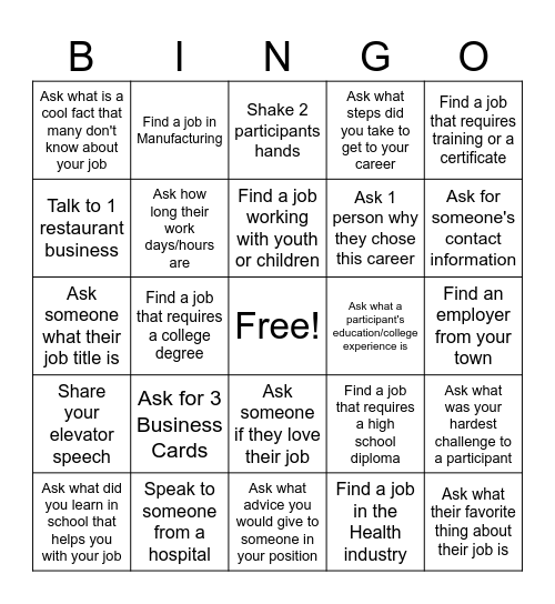 Career Fair BINGO Card