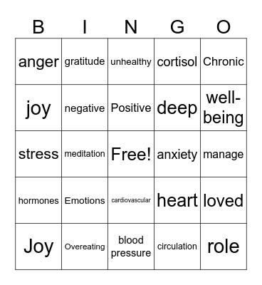 Emotional Well-Being Bingo Card