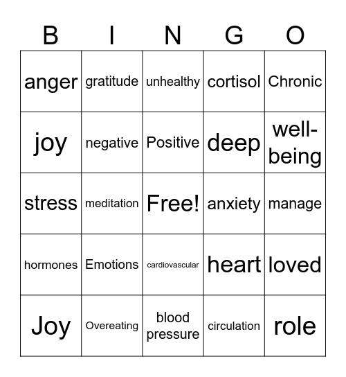 Emotional Well-Being Bingo Card
