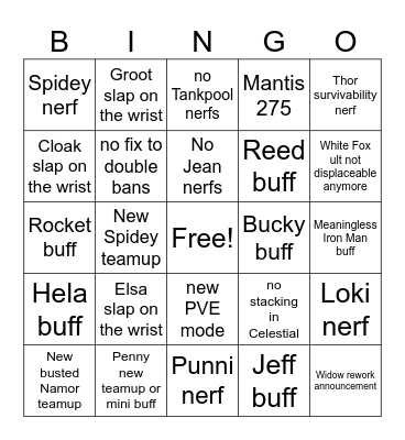 Marvel Rivals 7.5 patchnotes Bingo Card