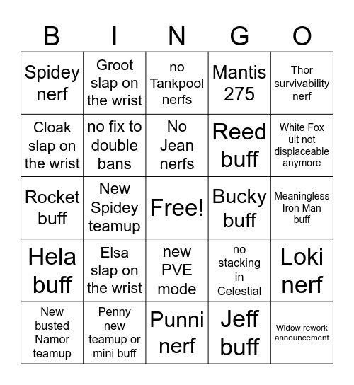 Marvel Rivals 7.5 patchnotes Bingo Card