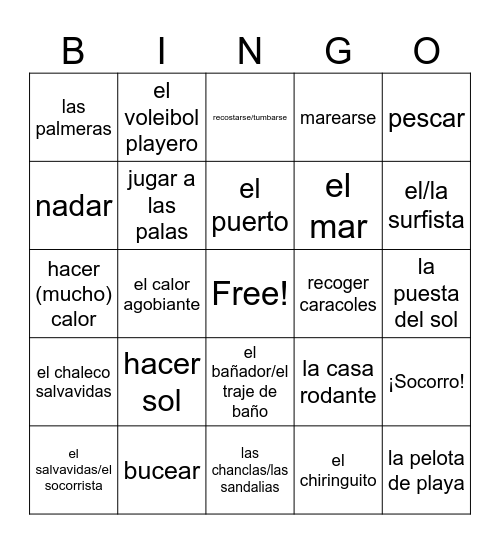 Sp 3 U9 En la playa Bingo Card