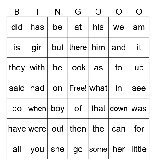 Sight Word Bingo Card