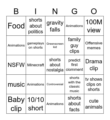 The youtube shorts bingo Card