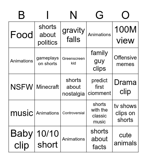 The youtube shorts bingo Card