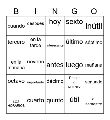 Vocabulary Spanish Project Bingo Card