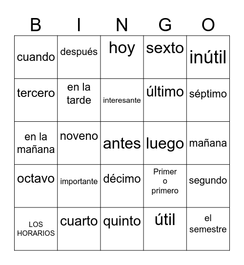 Vocabulary Spanish Project Bingo Card
