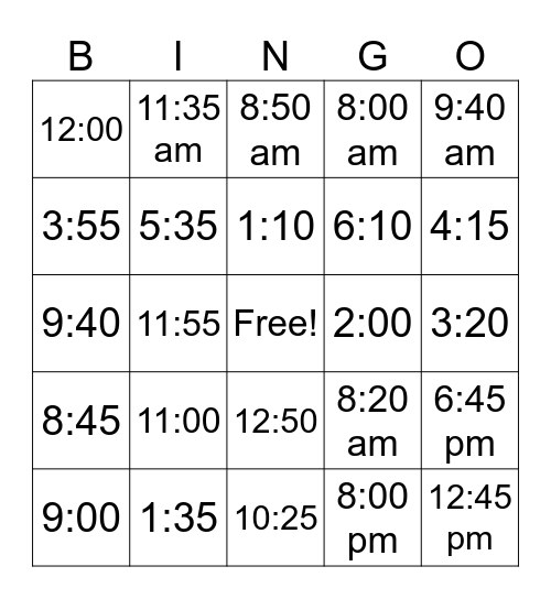 Time Bingo Card
