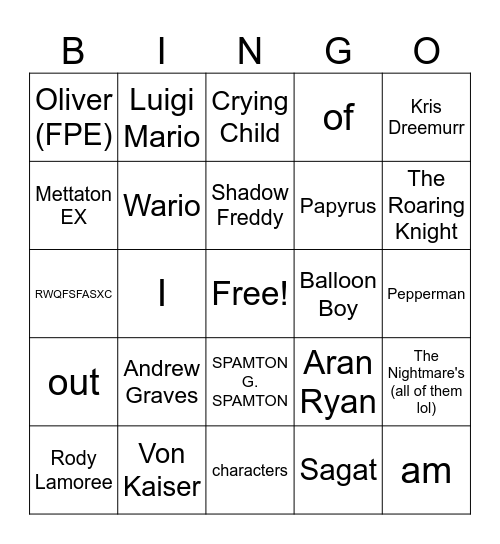 Bomber's favorite character bingo Card