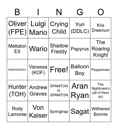 Bomber's favorite character bingo Card