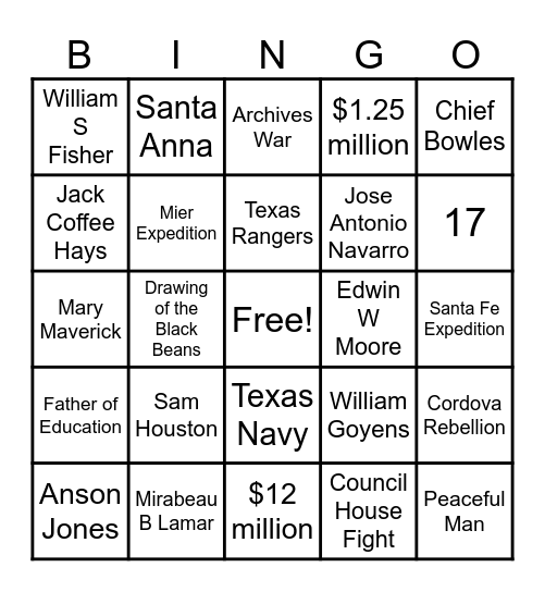 Republic of Texas 2026 Bingo Card