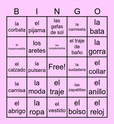 Clothing & Accessories Bingo Card