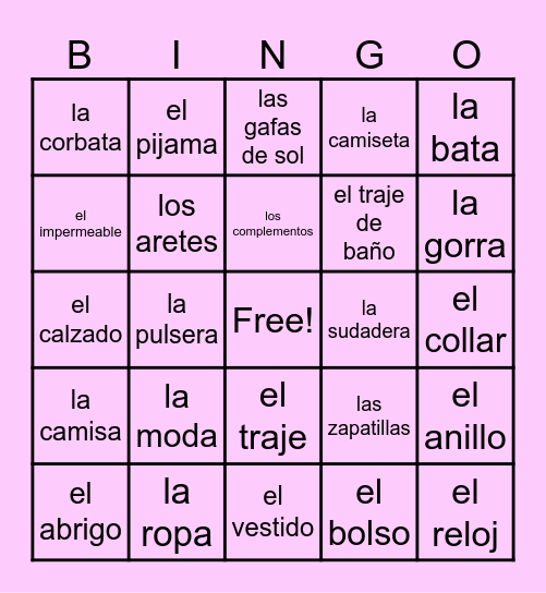 Clothing & Accessories Bingo Card