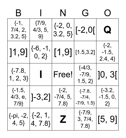 Number Set Bingo Card