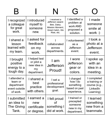 Pursue Excellence Bingo Card