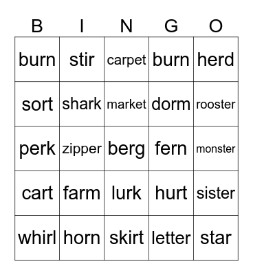 R - controlled vowel (bossy R) BINGO Card