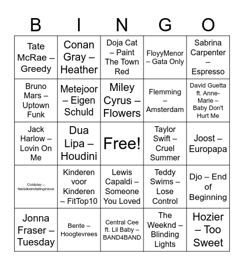 Muziek Bingo - Kamp groep 8 Bingo Card