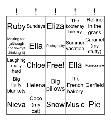 Nieva's Favourite Things Bingo Card