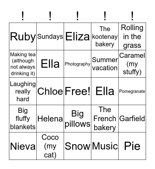 Nieva's Favourite Things Bingo Card