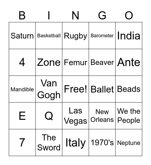 TRingo! #69 General Trivia! Bingo Card