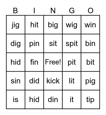 short i sound Bingo Card