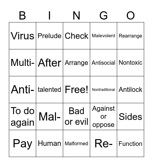 Root Words (Set A and B) Bingo Card