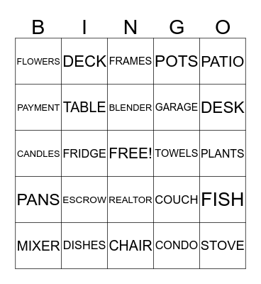 Dana's Housewarming Bingo Card