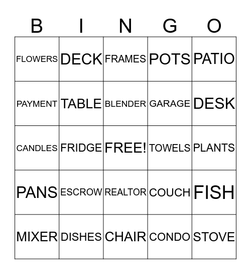 Dana's Housewarming Bingo Card