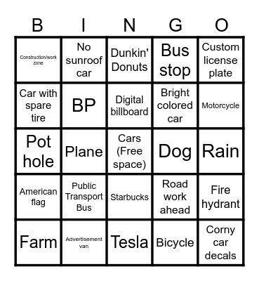 Road Trip Bingo Card